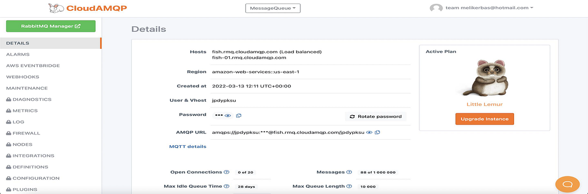 CloudAMQP AMQP URL ve Bağlantı Bilgileri (Connection String) Ekranı