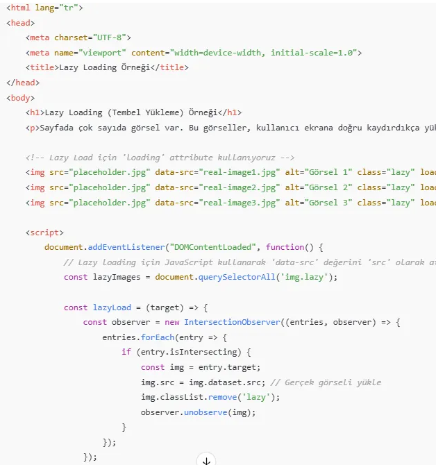 Web sitesi hız optimizasyonu için görsel lazy loading (tembel yükleme) yöntemi